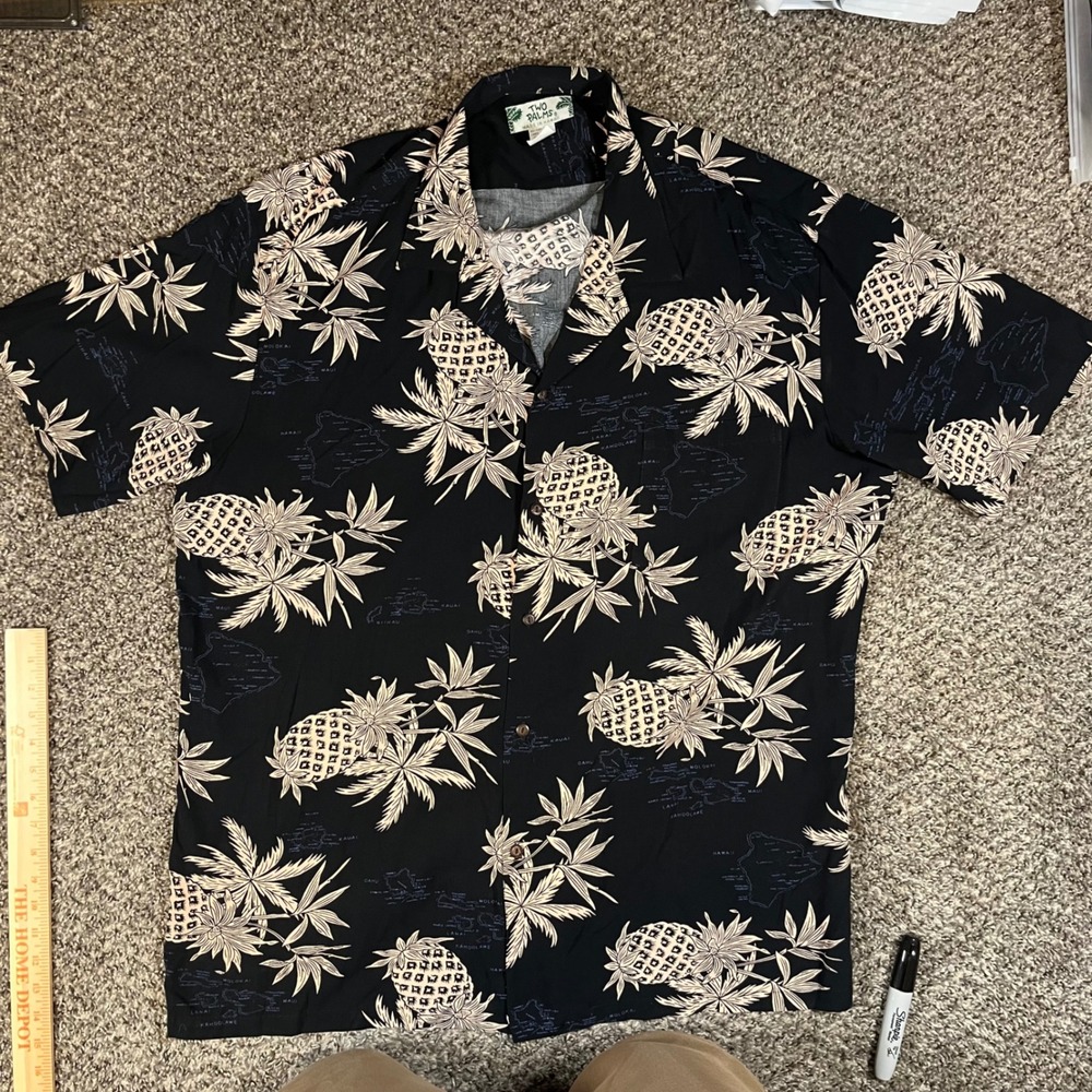 Vintage Two Palms Hawaii Pineapple Map Aloha Shirt Mens 2XL Black Rayon